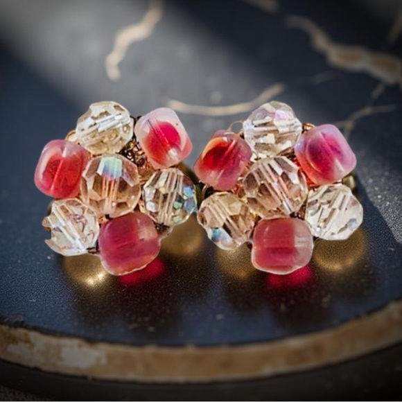 Clip on earrings Vintage Pink earring Mid century glass jewelry clip on earrings - Picture 7 of 14